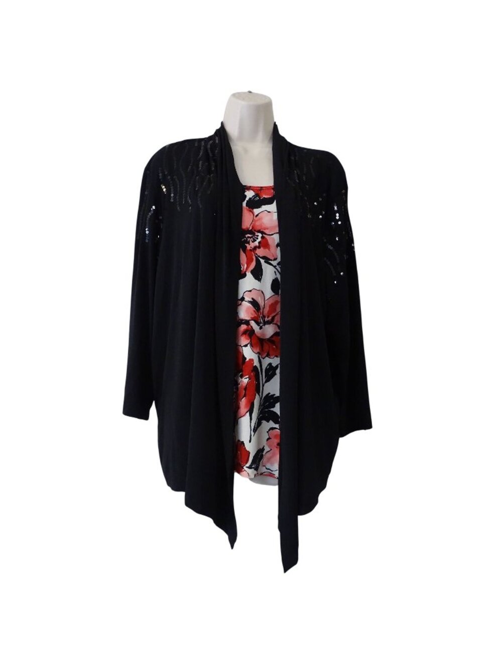 Alfred Dunner Black Sequin Faux Twin Set Floral Top Size L Office Party Dressy